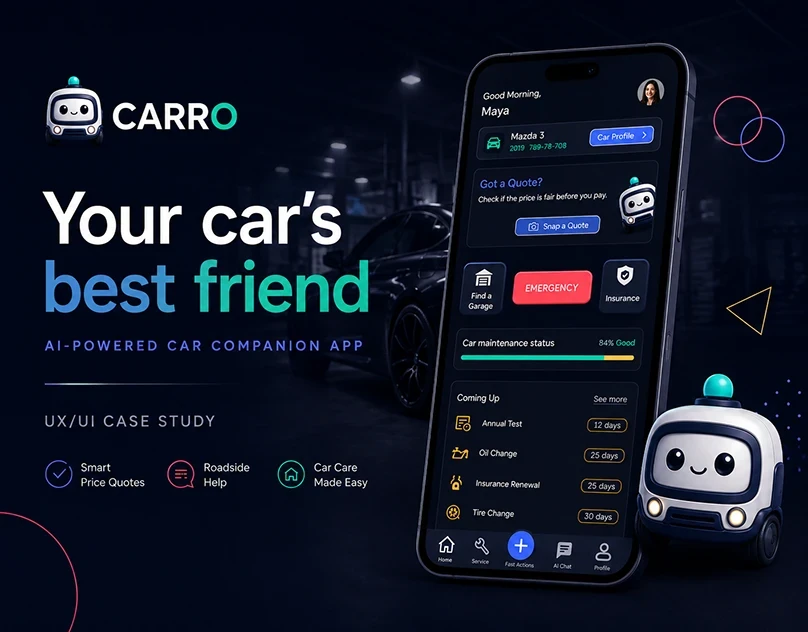 Carro — UX/UI Case Study · AI-Powered Car Companion App — cover